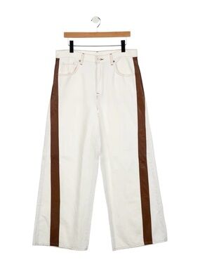 TWP White Wide-Leg Jeans with Brown Side Leather Stripes